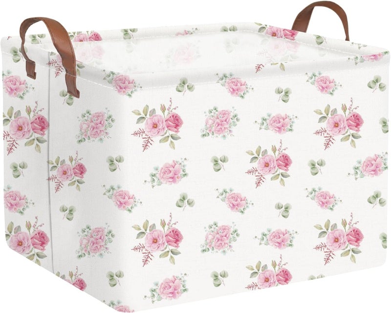 FXOCSHE Rectangular Rose Pink Flower Basket for Girls,Waterproof collapsible laundry basket for girls,Kids Storage Baskets,Books Box,Gift Baskets,Baby Room Decor(Pink Flowers) - Image 1